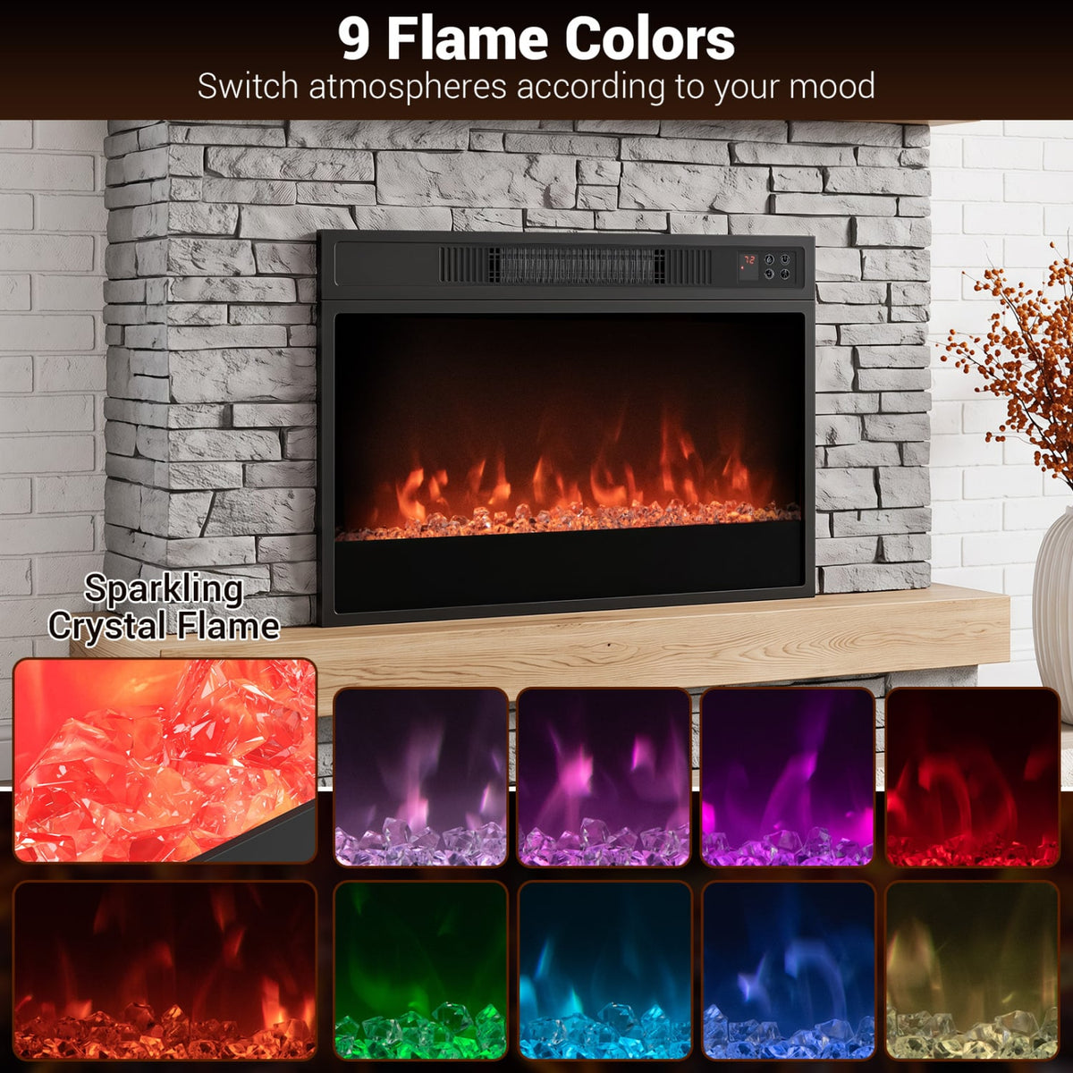5000 BTU 23-Inch Electric Fireplace Insert with Remote Control and Brightness-Black-Fireplaces-DECOROLALA