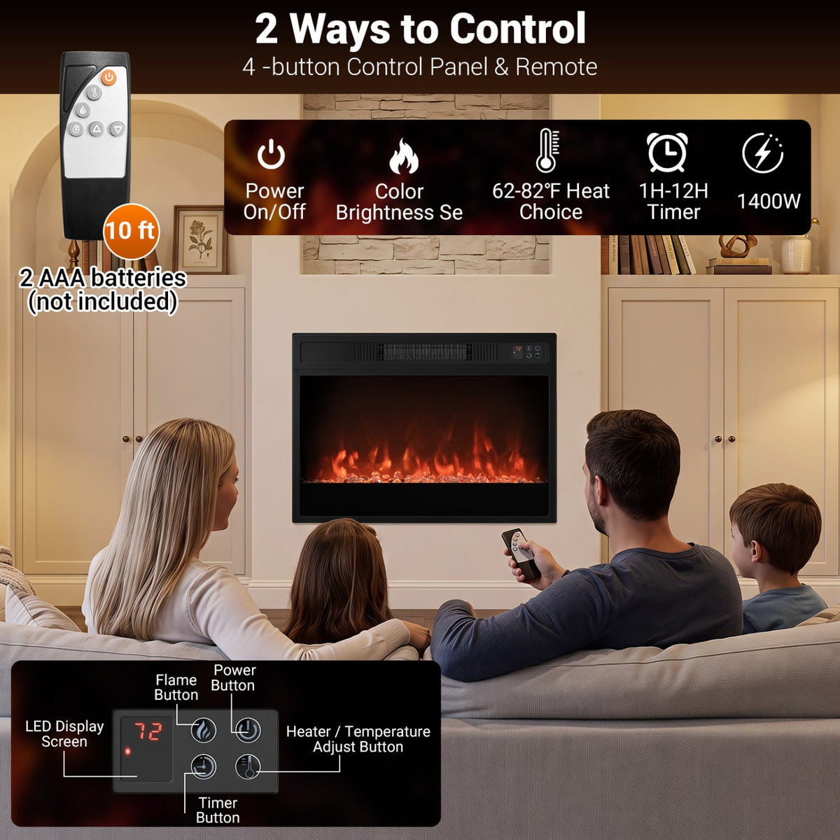 5000 BTU 23-Inch Electric Fireplace Insert with Remote Control and Brightness-Black-Fireplaces-DECOROLALA