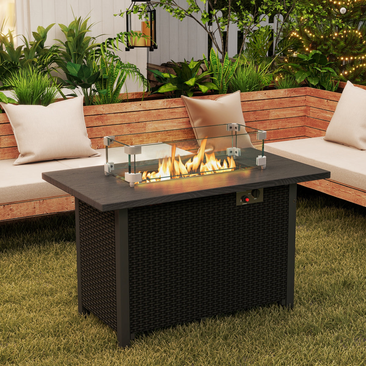 50000 BTU 2 Inch ropane Gas Fire Pit Table with Wind Guard and Glass Rocks-Black-Fire Pit Tables-DECOROLALA