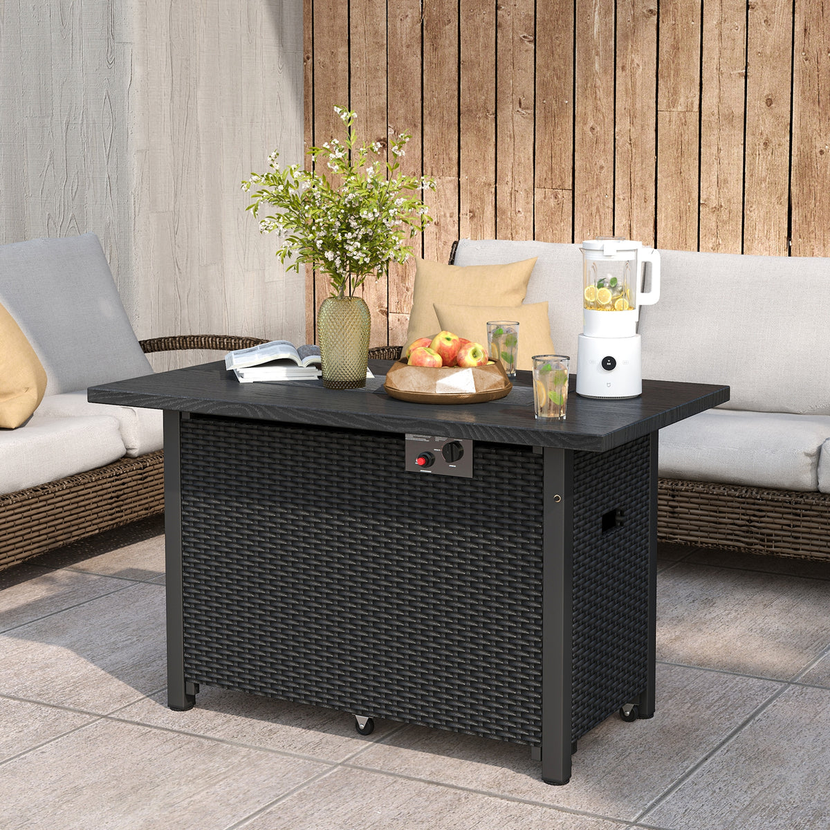 50000 BTU 2 Inch ropane Gas Fire Pit Table with Wind Guard and Glass Rocks-Black-Fire Pit Tables-DECOROLALA