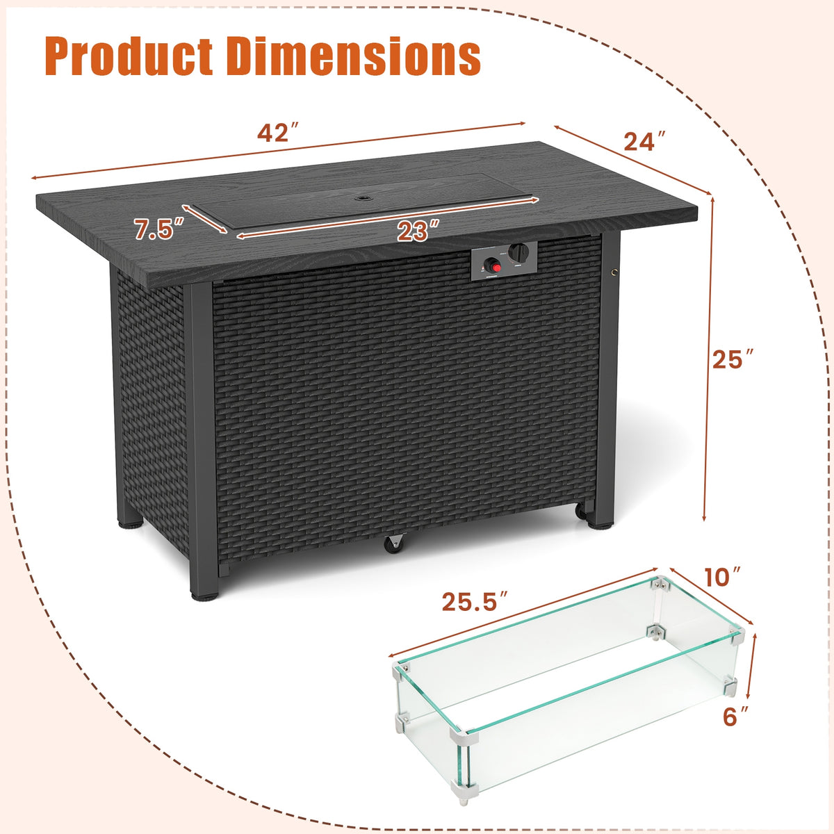 50000 BTU 2 Inch ropane Gas Fire Pit Table with Wind Guard and Glass Rocks-Black-Fire Pit Tables-DECOROLALA