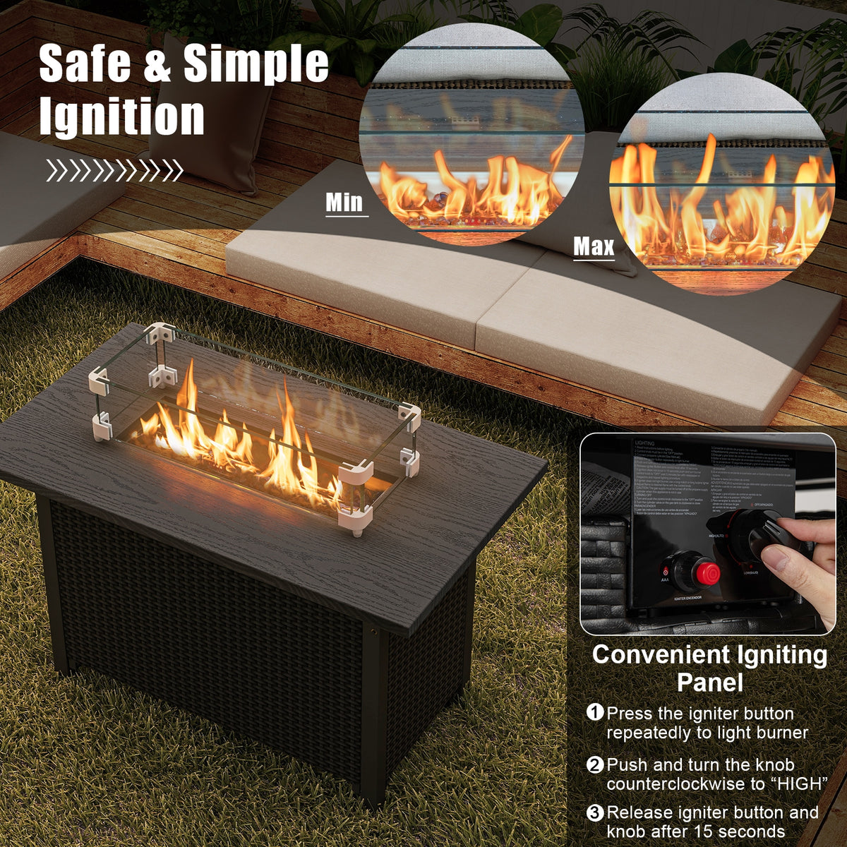 50000 BTU 2 Inch ropane Gas Fire Pit Table with Wind Guard and Glass Rocks-Black-Fire Pit Tables-DECOROLALA
