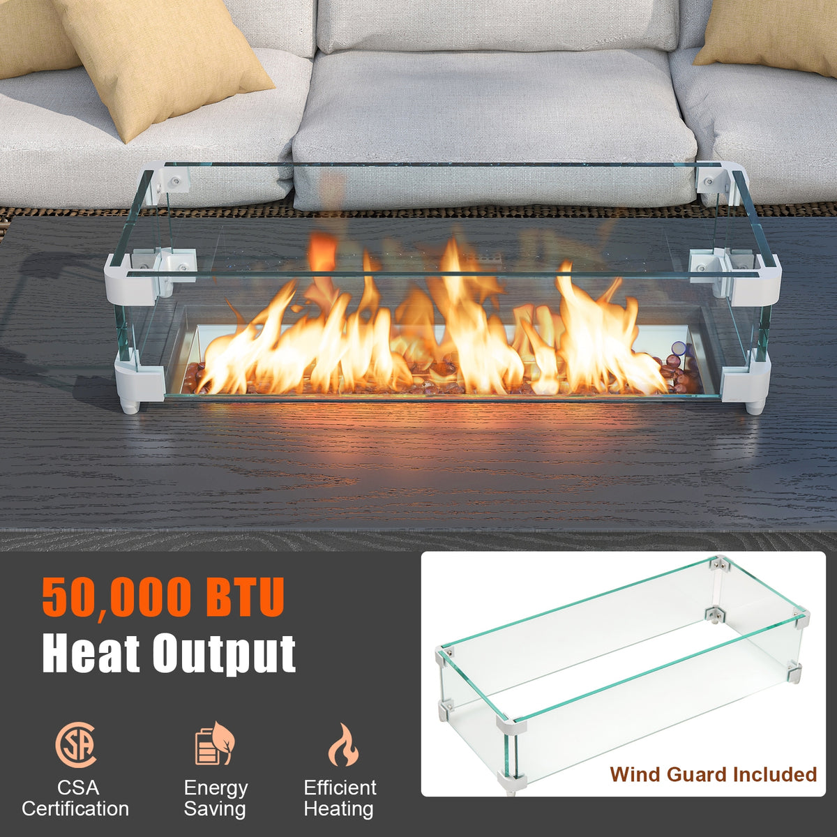 50000 BTU 2 Inch ropane Gas Fire Pit Table with Wind Guard and Glass Rocks-Black-Fire Pit Tables-DECOROLALA