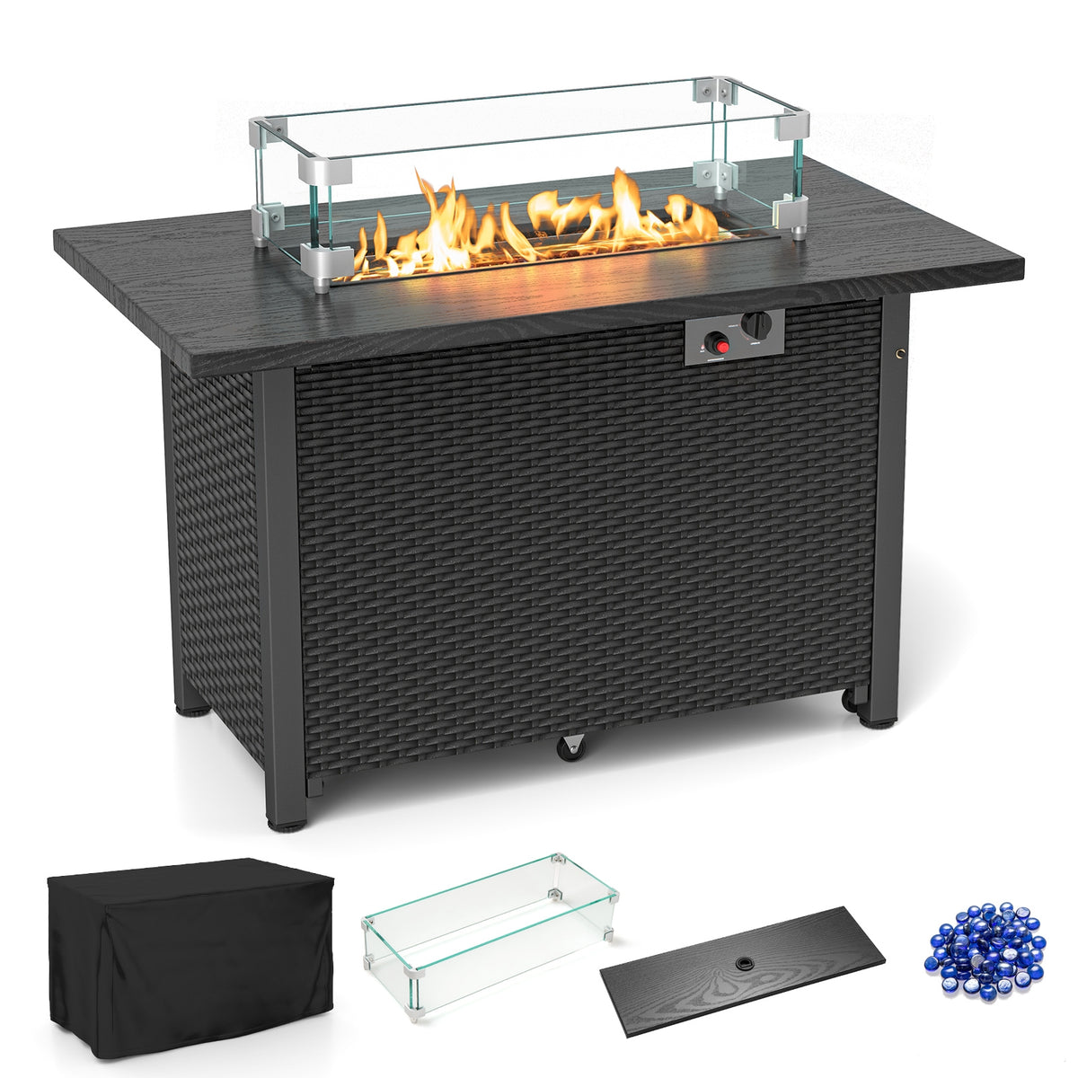 50000 BTU 2 Inch ropane Gas Fire Pit Table with Wind Guard and Glass Rocks-Black-Fire Pit Tables-DECOROLALA