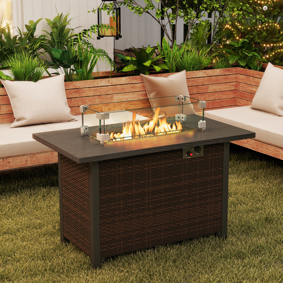 50000 BTU 2 Inch ropane Gas Fire Pit Table with Wind Guard and Glass Rocks-Brown-Fire Pit Tables-DECOROLALA