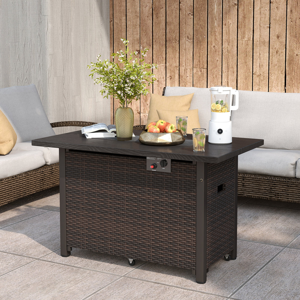 50000 BTU 2 Inch ropane Gas Fire Pit Table with Wind Guard and Glass Rocks-Brown-Fire Pit Tables-DECOROLALA