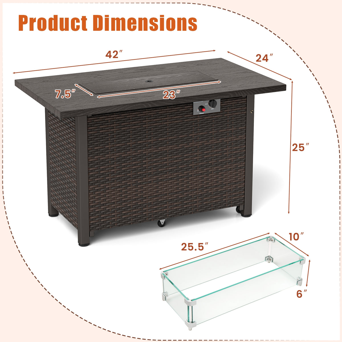 50000 BTU 2 Inch ropane Gas Fire Pit Table with Wind Guard and Glass Rocks-Brown-Fire Pit Tables-DECOROLALA