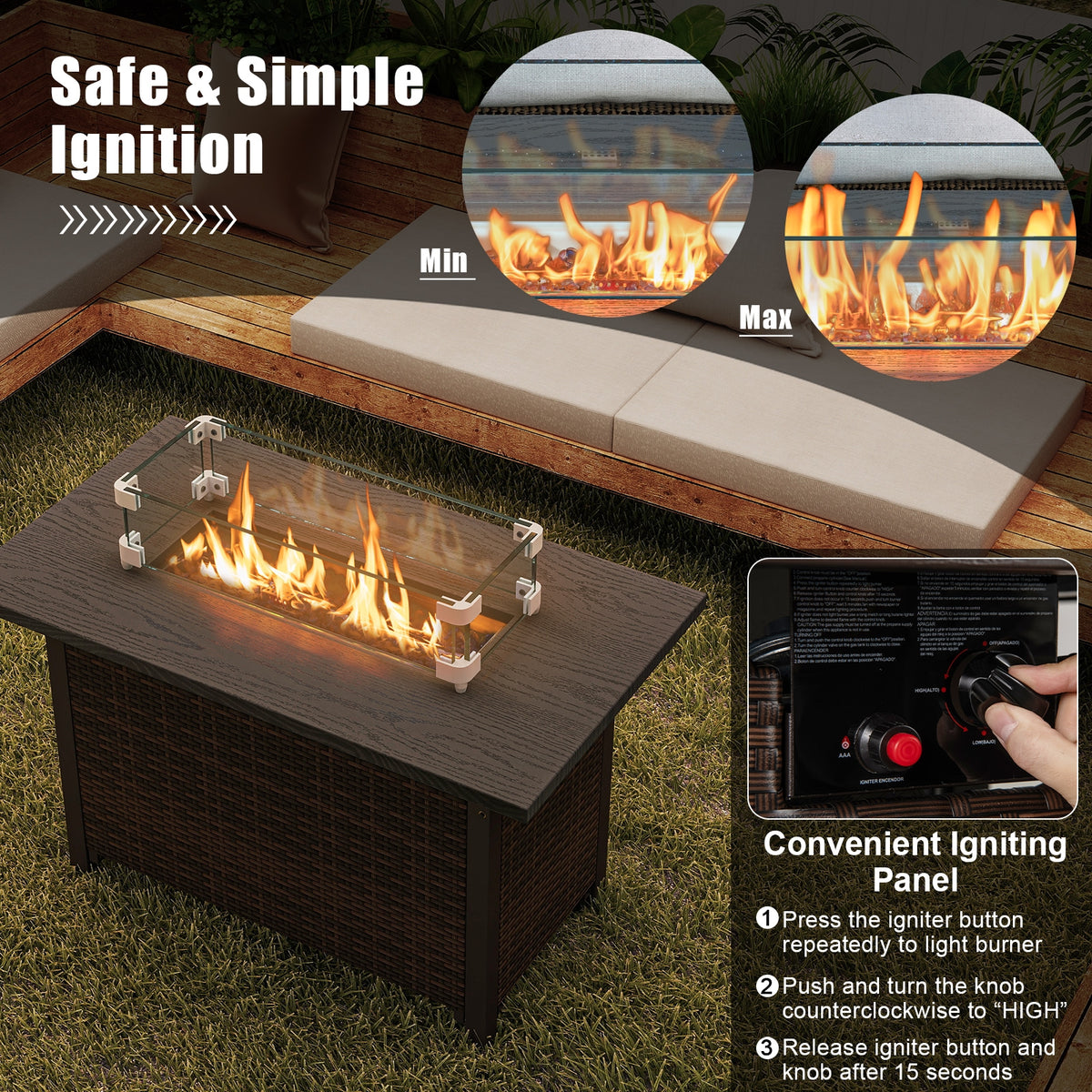 50000 BTU 2 Inch ropane Gas Fire Pit Table with Wind Guard and Glass Rocks-Brown-Fire Pit Tables-DECOROLALA