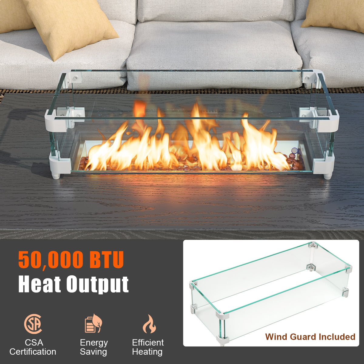50000 BTU 2 Inch ropane Gas Fire Pit Table with Wind Guard and Glass Rocks-Brown-Fire Pit Tables-DECOROLALA