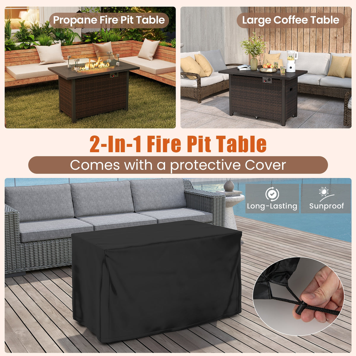 50000 BTU 2 Inch ropane Gas Fire Pit Table with Wind Guard and Glass Rocks-Brown-Fire Pit Tables-DECOROLALA