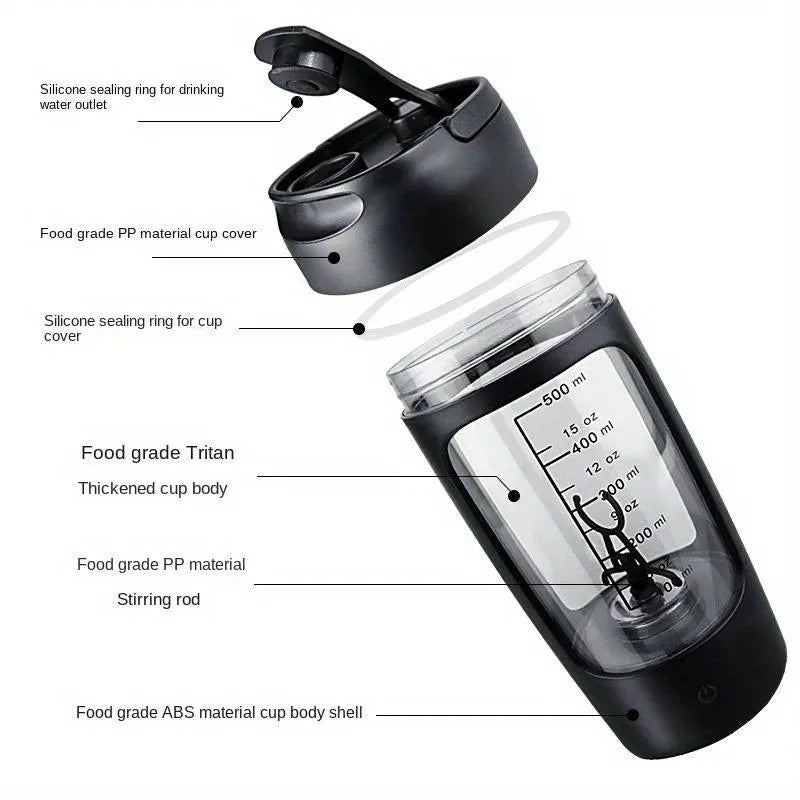 500ML Electric Shaker Bottle USB C Rechargeable Automatic Mixer Black-Food Mixer & Blender-DECOROLALA