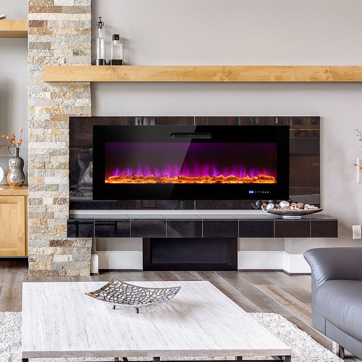 50/60 Inch Wall Mounted Recessed Electric Fireplace with Decorative Crystal and Log-50 inches-Fireplaces-DECOROLALA