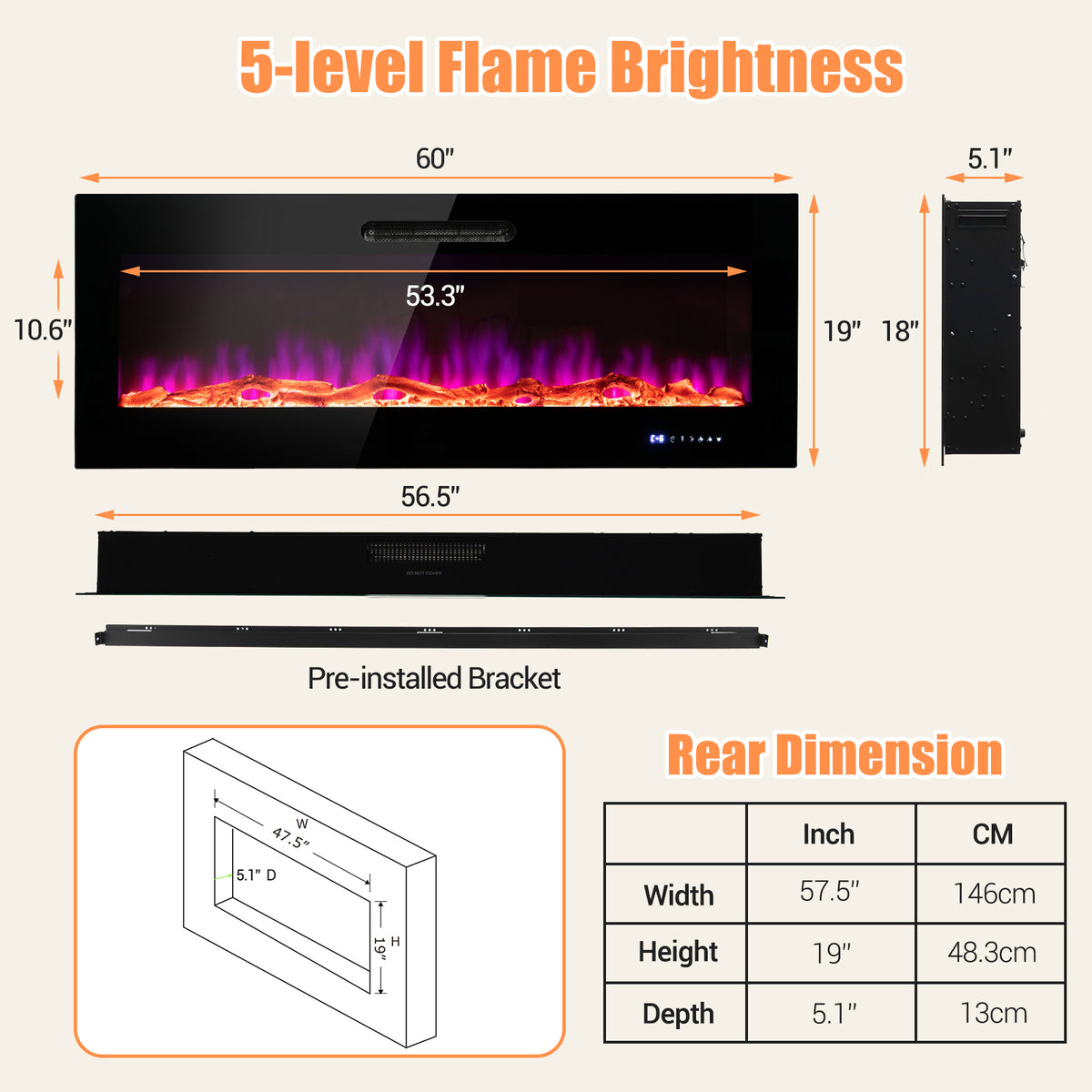 50/60 Inch Wall Mounted Recessed Electric Fireplace with Decorative Crystal and Log-60 inches-Fireplaces-DECOROLALA