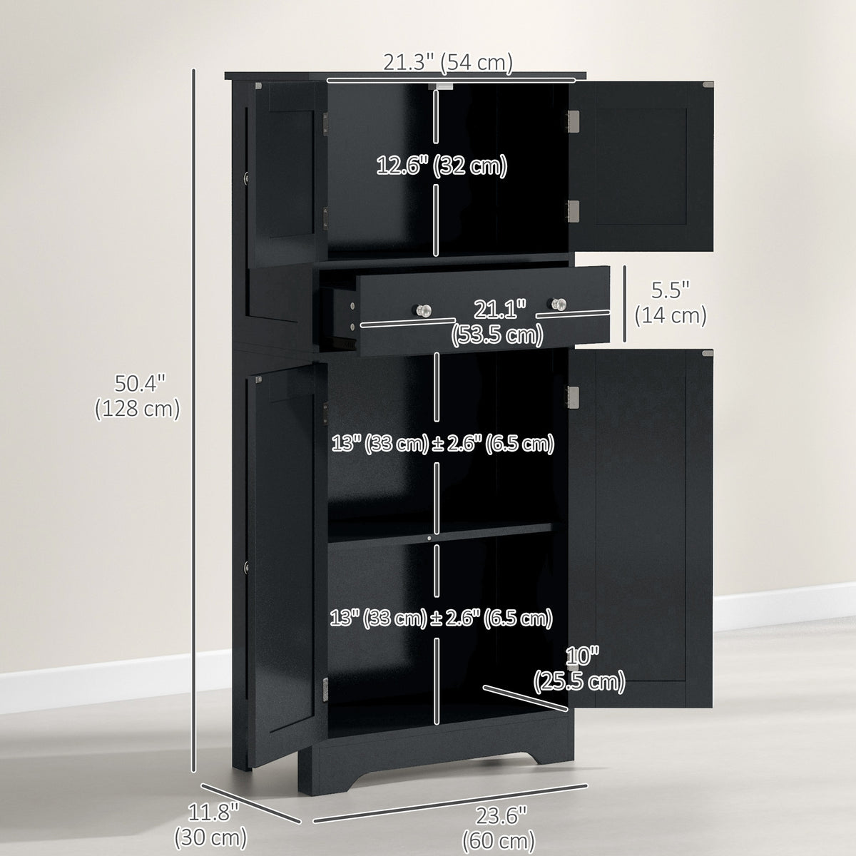 50.4" Kitchen Pantry Cabinet - Black 4-Door with Drawer-Home Furnishings > Storage & Organization > Kitchen Pantry Cabinets-DECOROLALA