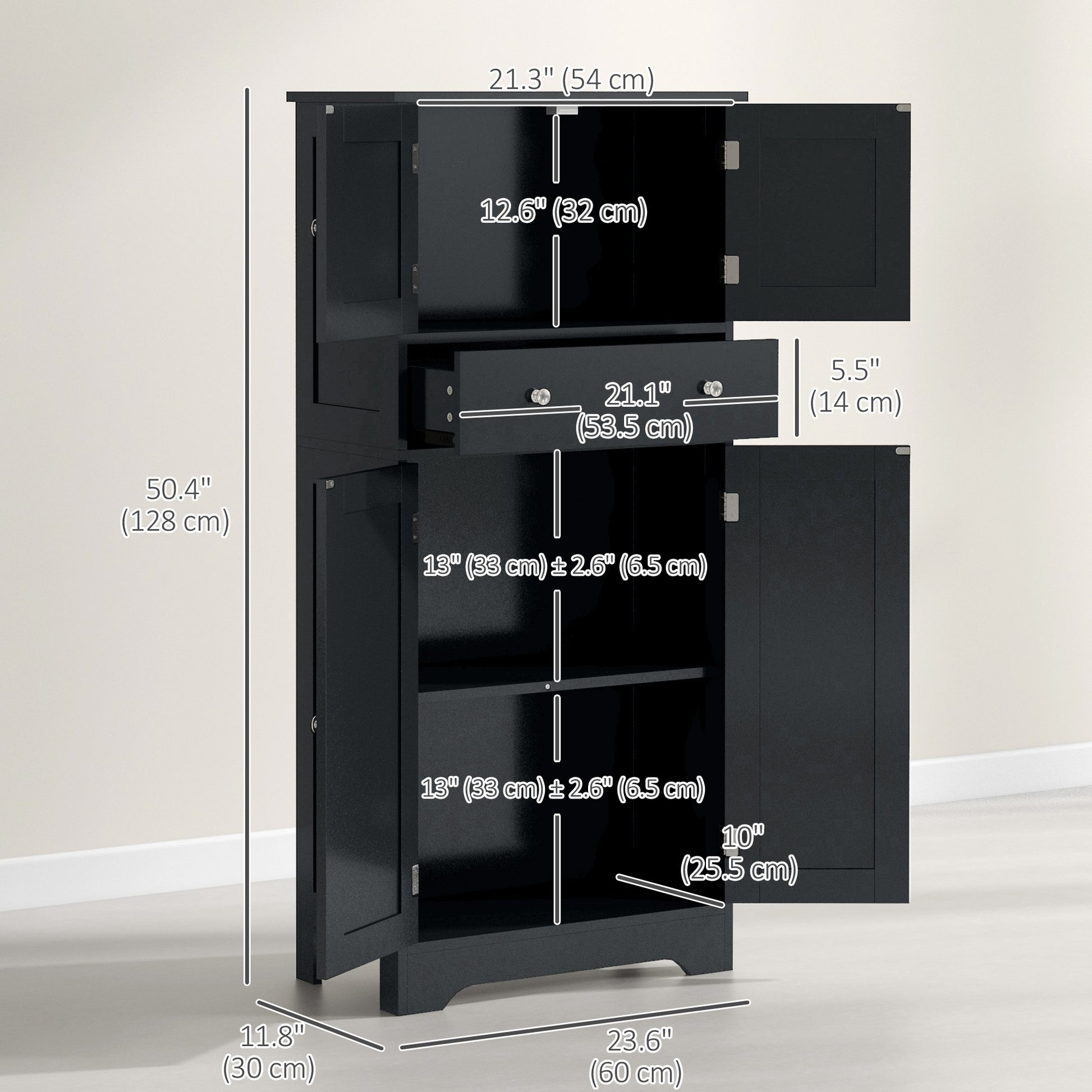 50.5" Kitchen Storage Cabinet, Modern Kitchen Pantry Cabinet with 4 Doors, Drawer, Adjustable Shelf, Black-Home Furnishings > Storage & Organization > Kitchen Pantry Cabinets-DECOROLALA