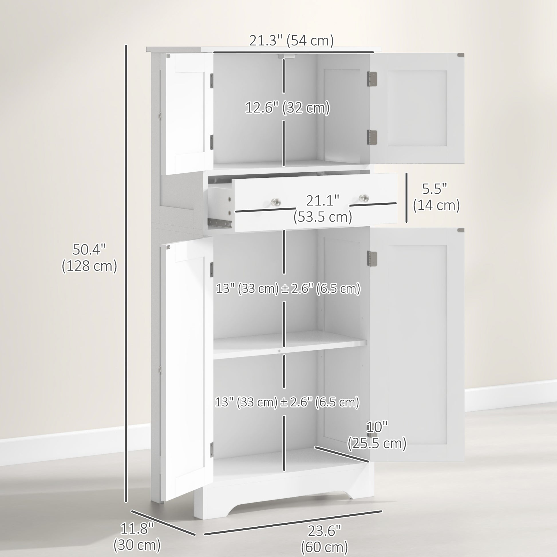 50.5" Kitchen Storage Cabinet, Modern Kitchen Pantry Cabinet with 4 Doors, Drawer, Adjustable Shelf, White-Home Furnishings > Storage & Organization > Kitchen Pantry Cabinets-DECOROLALA