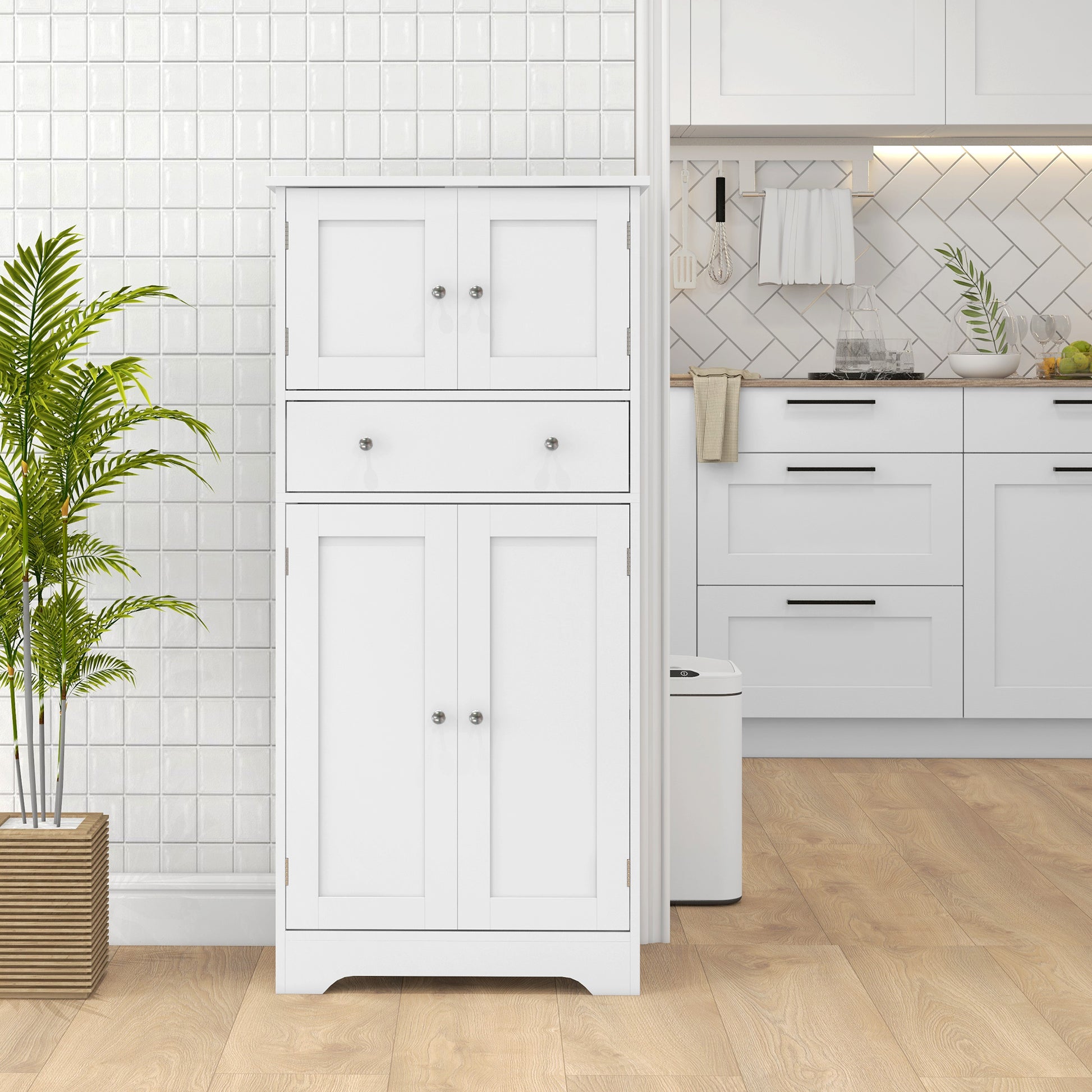 50.5" Kitchen Storage Cabinet, Modern Kitchen Pantry Cabinet with 4 Doors, Drawer, Adjustable Shelf, White-Home Furnishings > Storage & Organization > Kitchen Pantry Cabinets-DECOROLALA