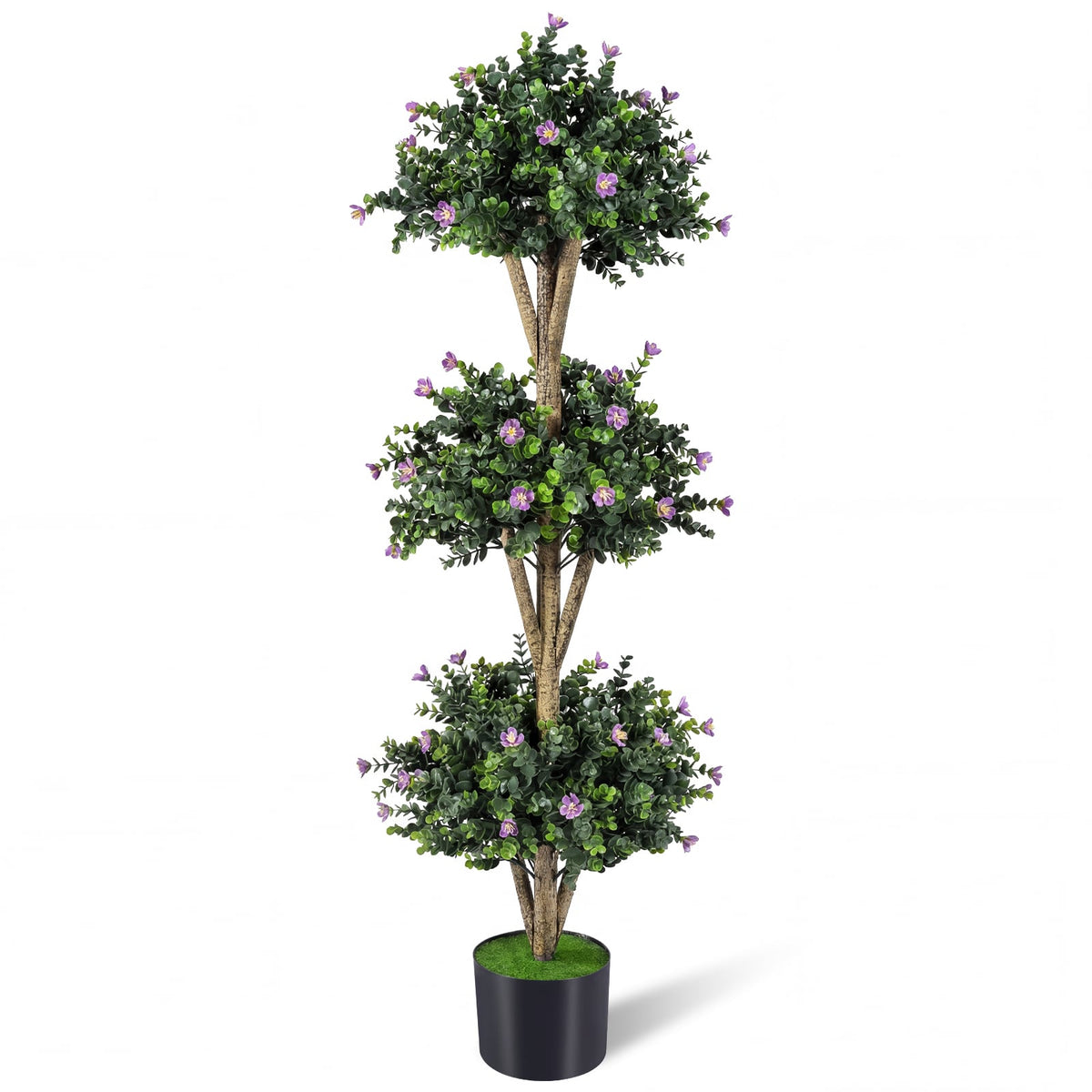 51" Artificial Triple Ball Boxwood Topiary Tree with 59 Blossoms-Purple-Artificial Plants-DECOROLALA