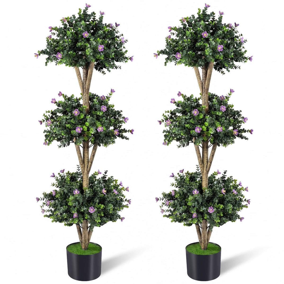 51" Artificial Triple Ball Boxwood Topiary Tree with 59 Blossoms Set of 2-Purple-Artificial Plants-DECOROLALA