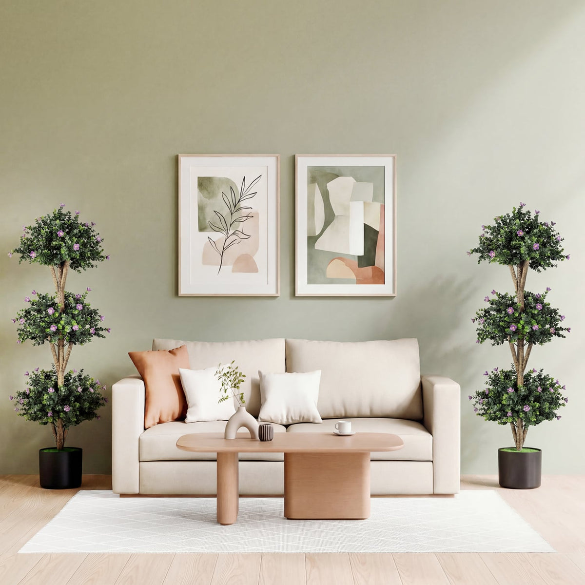 51" Artificial Triple Ball Boxwood Topiary Tree with 59 Blossoms Set of 2-Purple-Artificial Plants-DECOROLALA