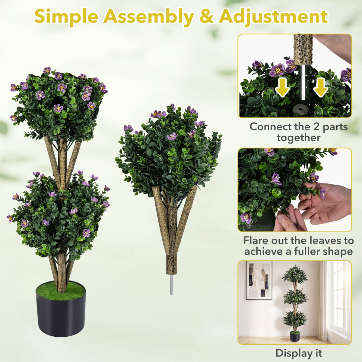 51" Artificial Triple Ball Boxwood Topiary Tree with 59 Blossoms Set of 2-Purple-Artificial Plants-DECOROLALA