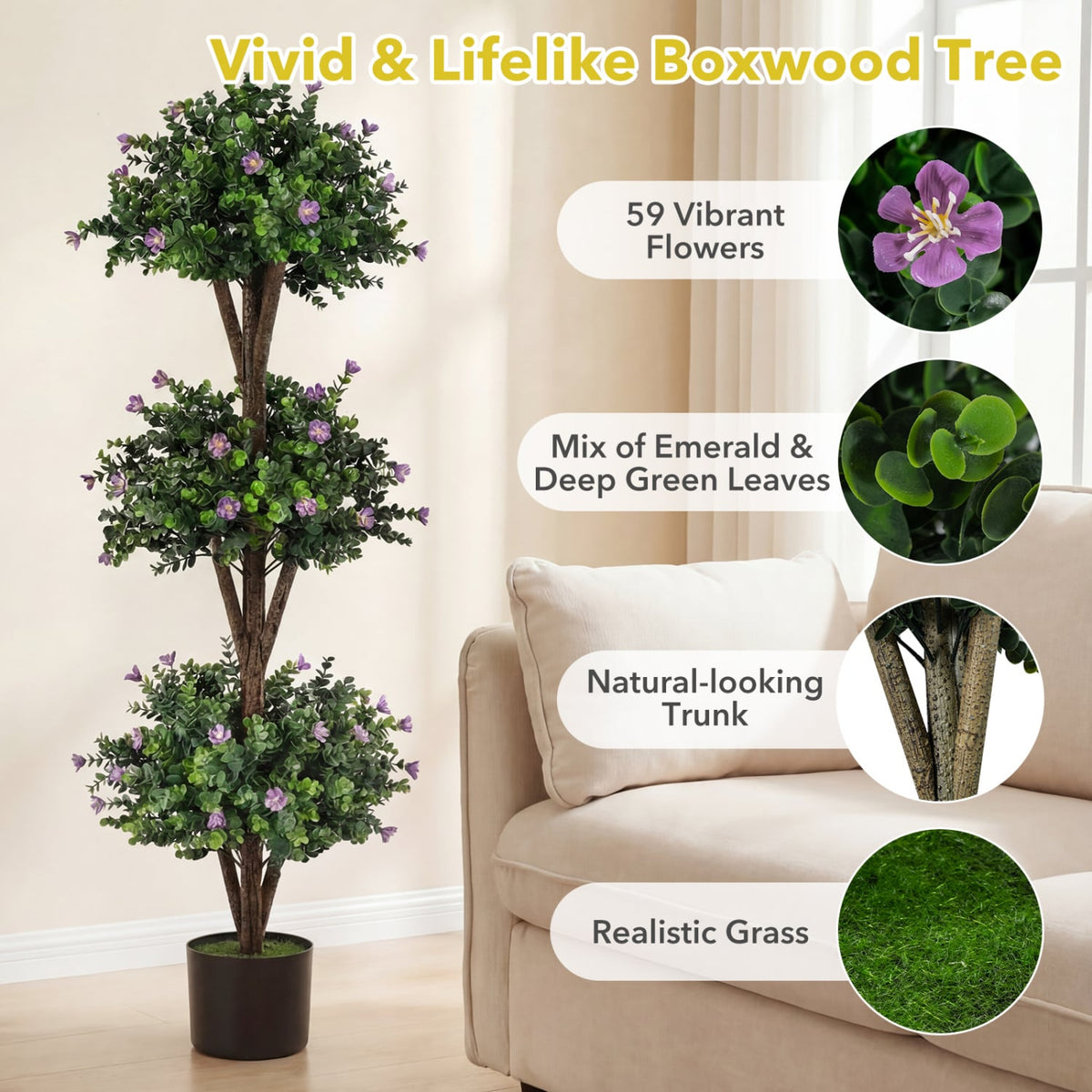 51" Artificial Triple Ball Boxwood Topiary Tree with 59 Blossoms Set of 2-Purple-Artificial Plants-DECOROLALA