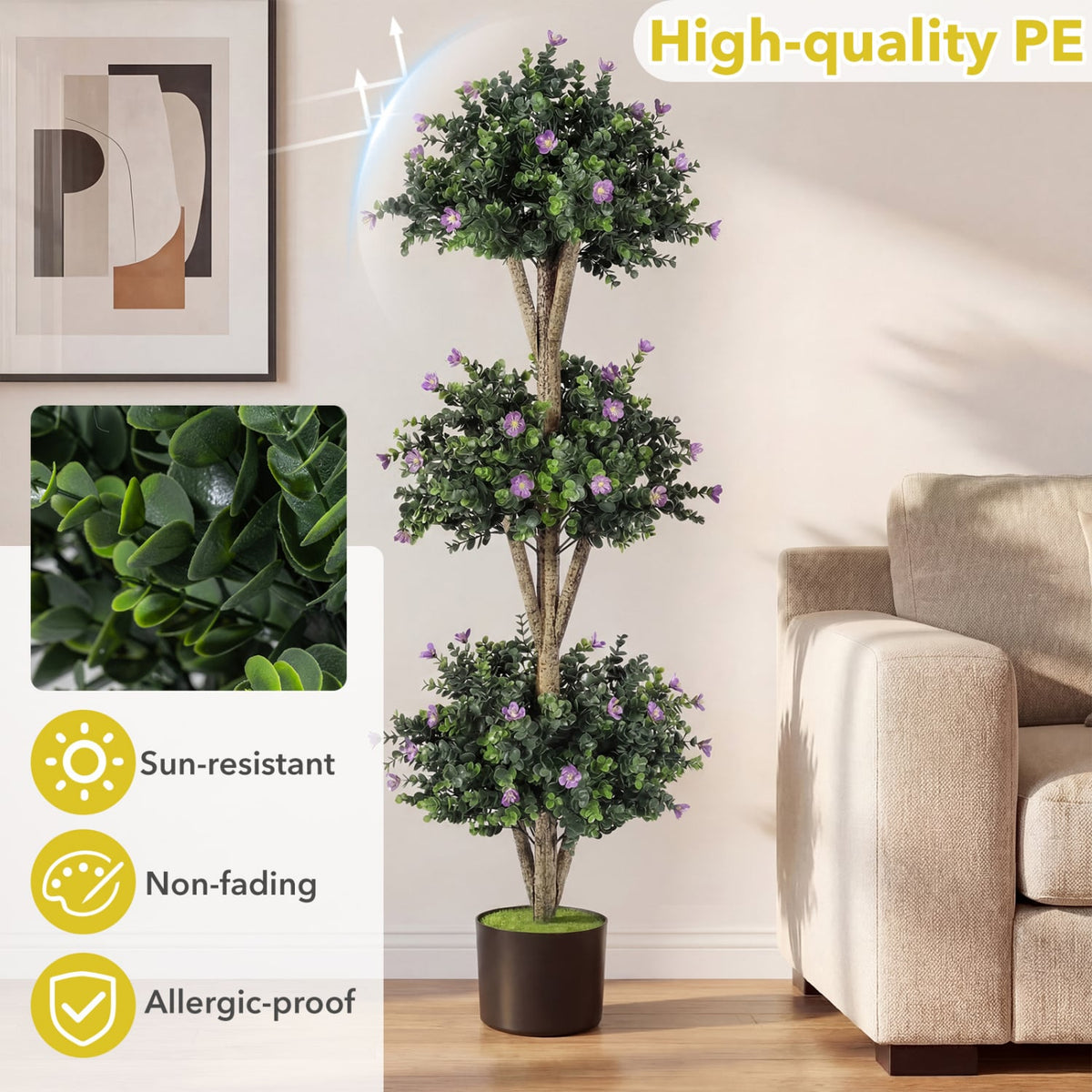 51" Artificial Triple Ball Boxwood Topiary Tree with 59 Blossoms Set of 2-Purple-Artificial Plants-DECOROLALA