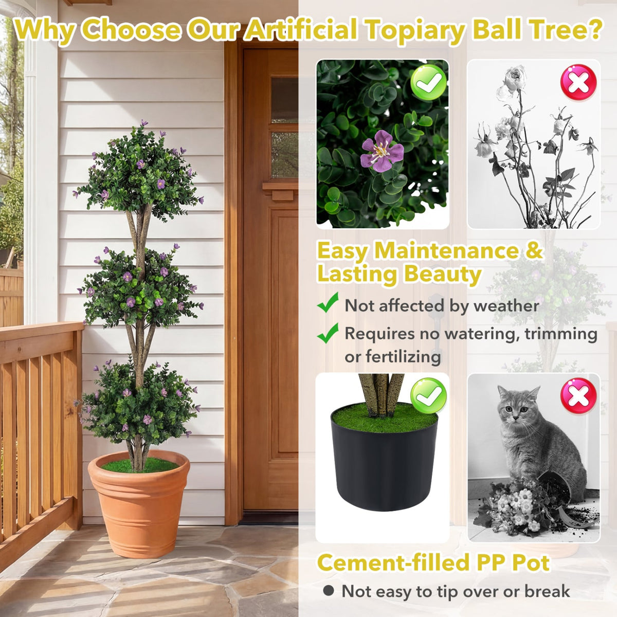 51" Artificial Triple Ball Boxwood Topiary Tree with 59 Blossoms Set of 2-Purple-Artificial Plants-DECOROLALA