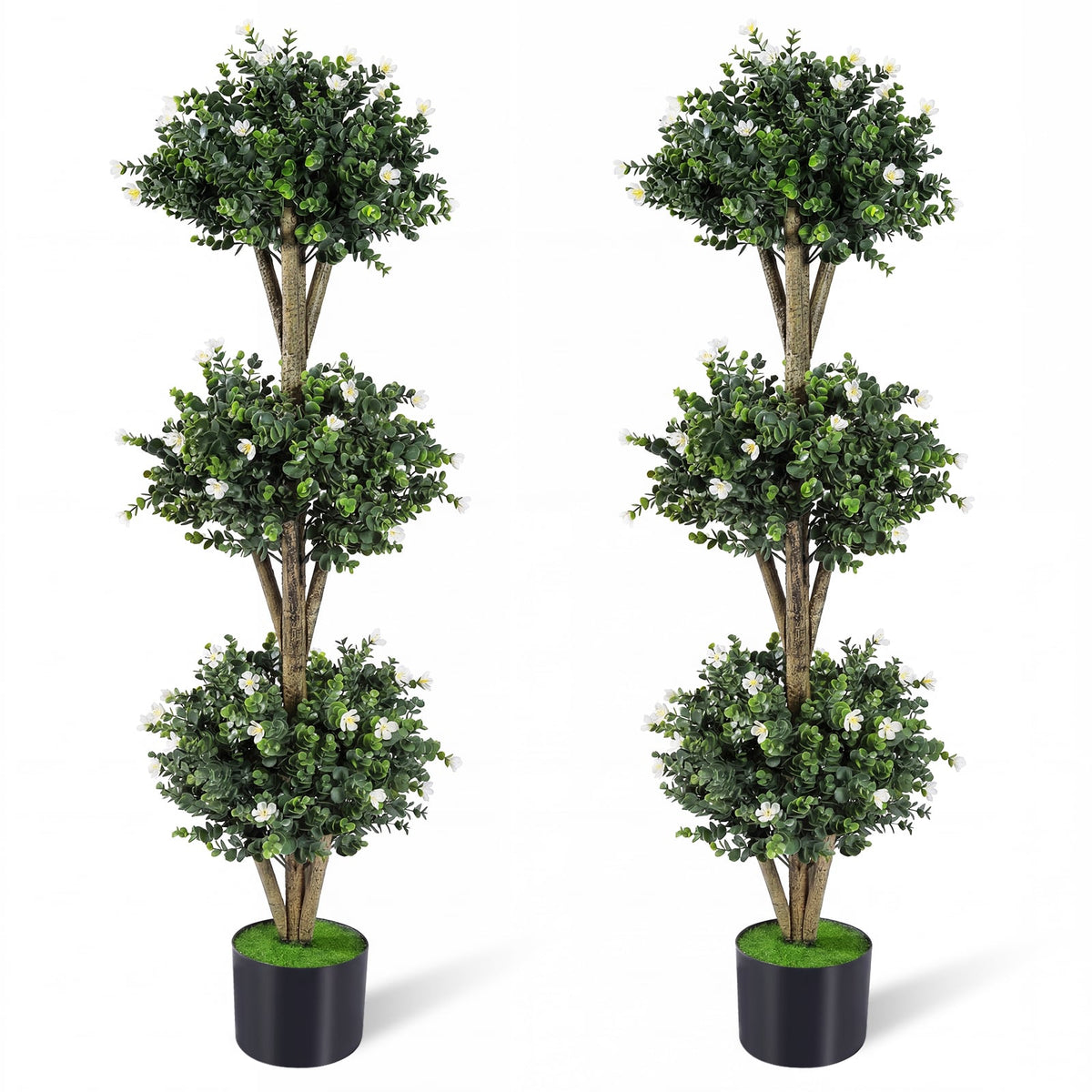 51" Artificial Triple Ball Boxwood Topiary Tree with 59 Blossoms Set of 2-White-Artificial Plants-DECOROLALA