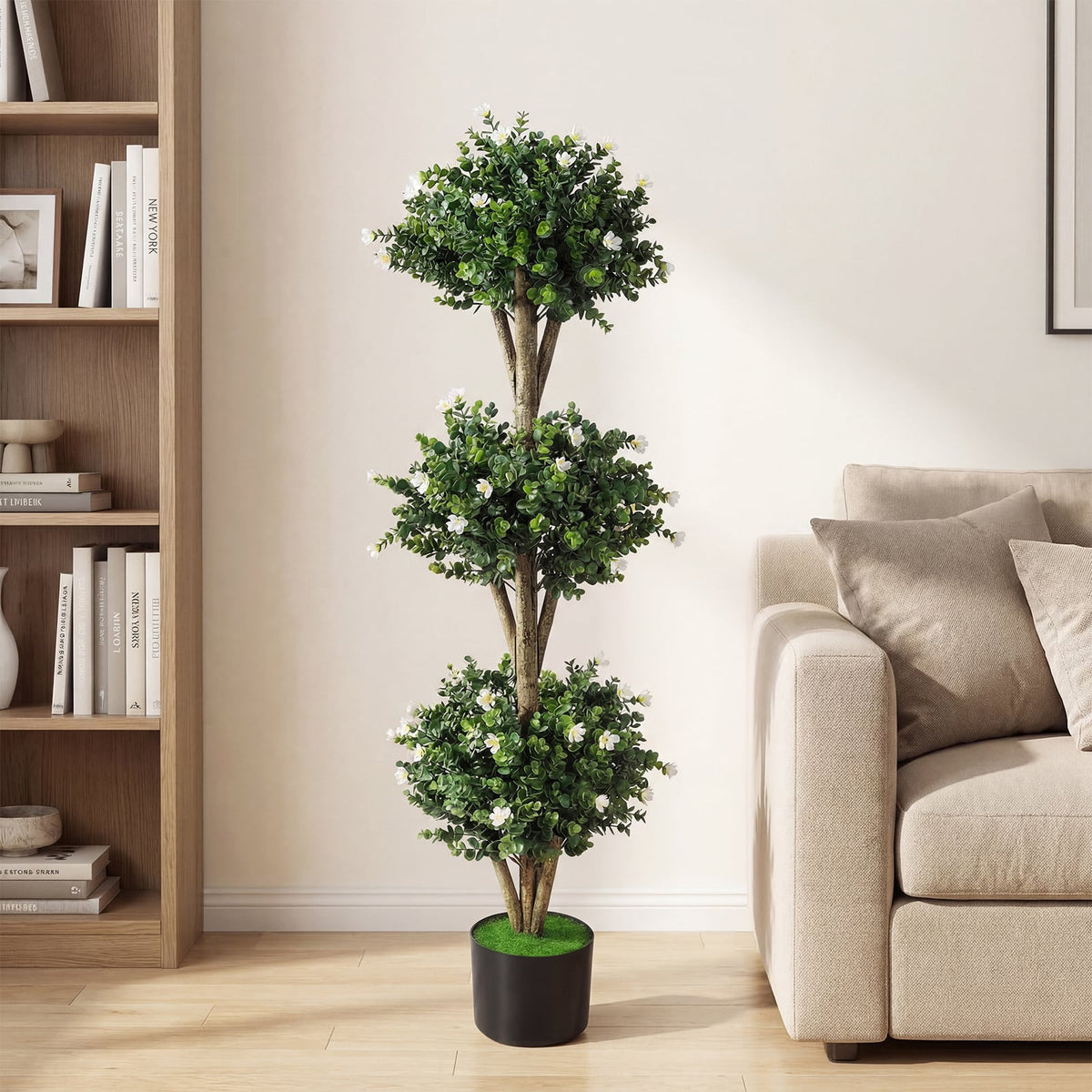 51" Artificial Triple Ball Boxwood Topiary Tree with 59 Blossoms Set of 2-White-Artificial Plants-DECOROLALA