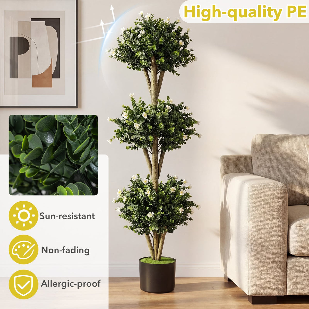 51" Artificial Triple Ball Boxwood Topiary Tree with 59 Blossoms Set of 2-White-Artificial Plants-DECOROLALA