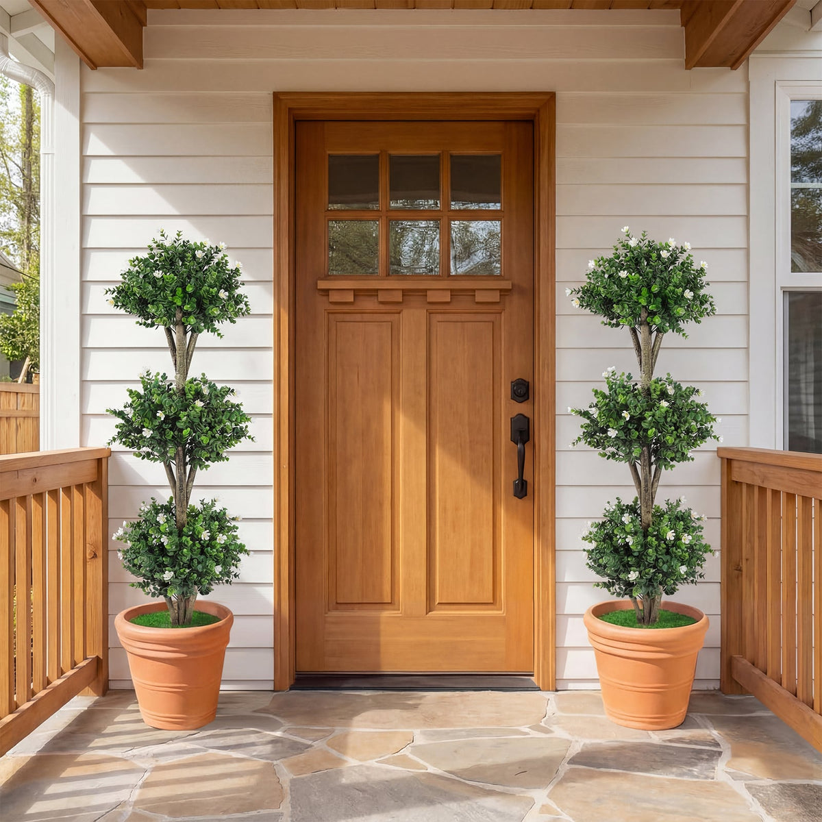 51" Artificial Triple Ball Boxwood Topiary Tree with 59 Blossoms Set of 2-White-Artificial Plants-DECOROLALA