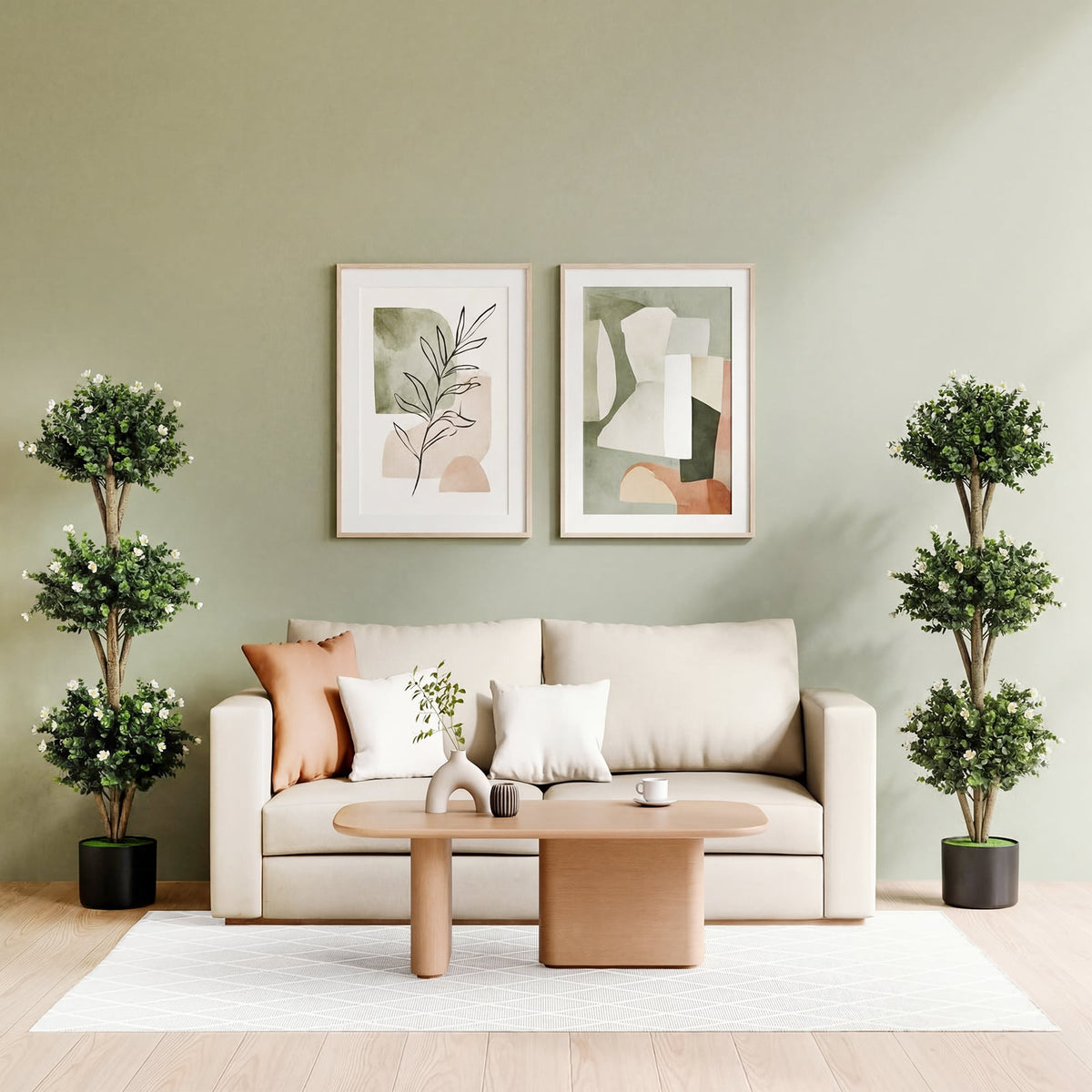 51" Artificial Triple Ball Boxwood Topiary Tree with 59 Blossoms-White-Artificial Plants-DECOROLALA