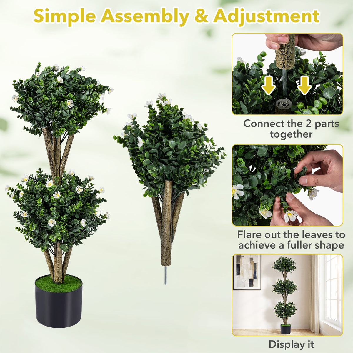 51" Artificial Triple Ball Boxwood Topiary Tree with 59 Blossoms-White-Artificial Plants-DECOROLALA