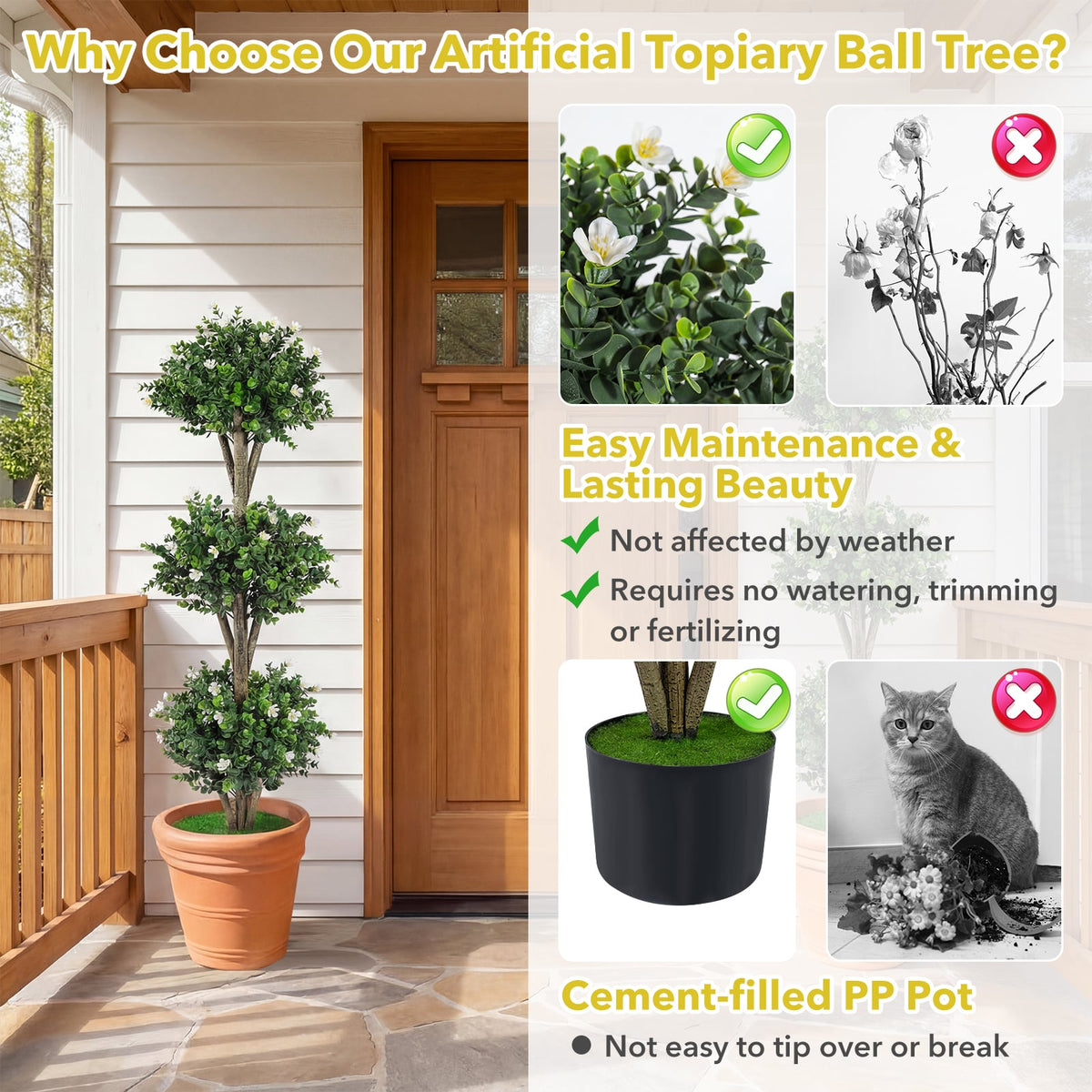 51" Artificial Triple Ball Boxwood Topiary Tree with 59 Blossoms-White-Artificial Plants-DECOROLALA