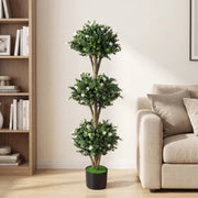 51" Artificial Triple Ball Boxwood Topiary Tree with 59 Blossoms-White-Artificial Plants-DECOROLALA