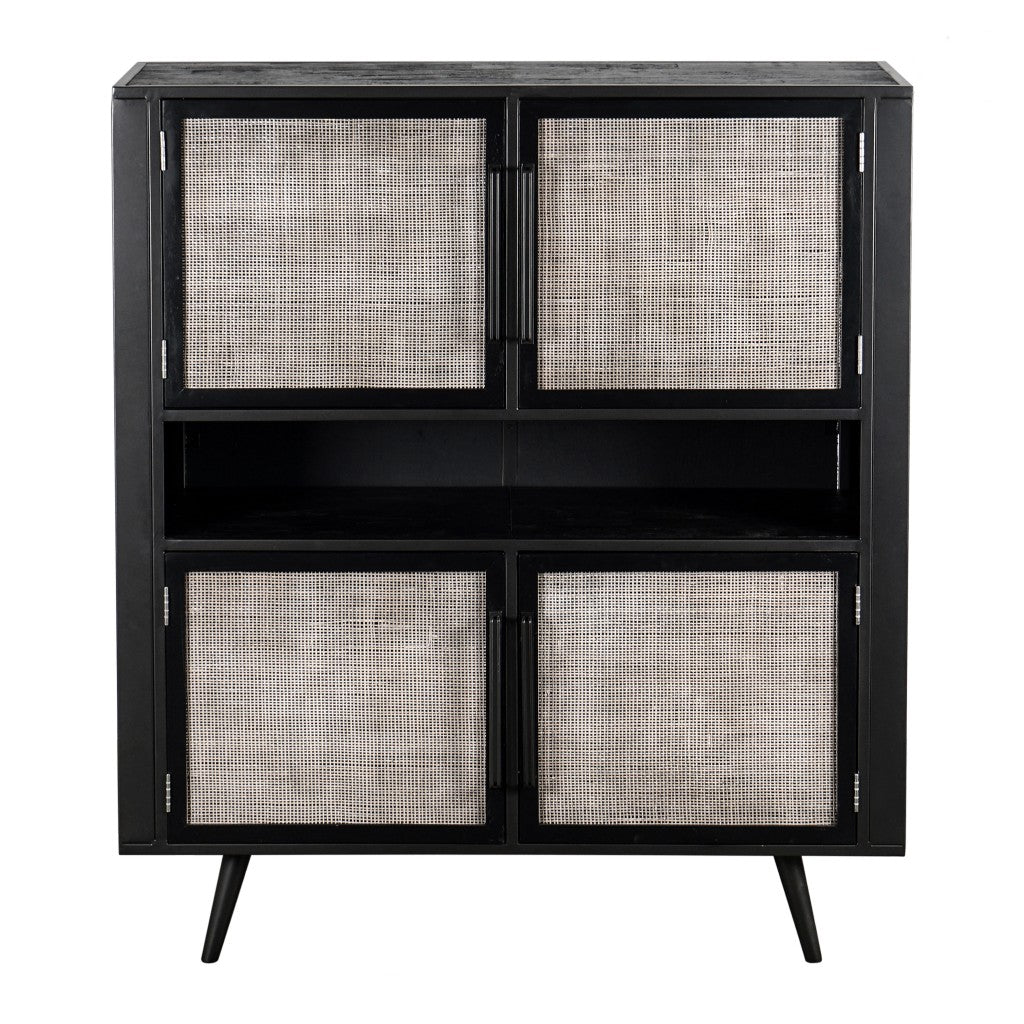 51" Black And Natural Wood And Rattan Accent Cabinet-Cabinets-DECOROLALA