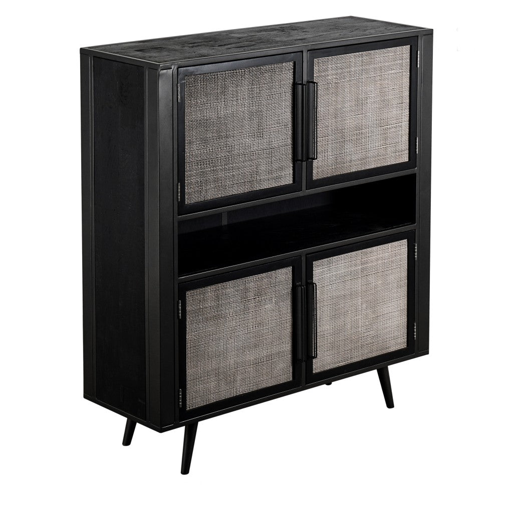 51" Black And Natural Wood And Rattan Accent Cabinet-Cabinets-DECOROLALA
