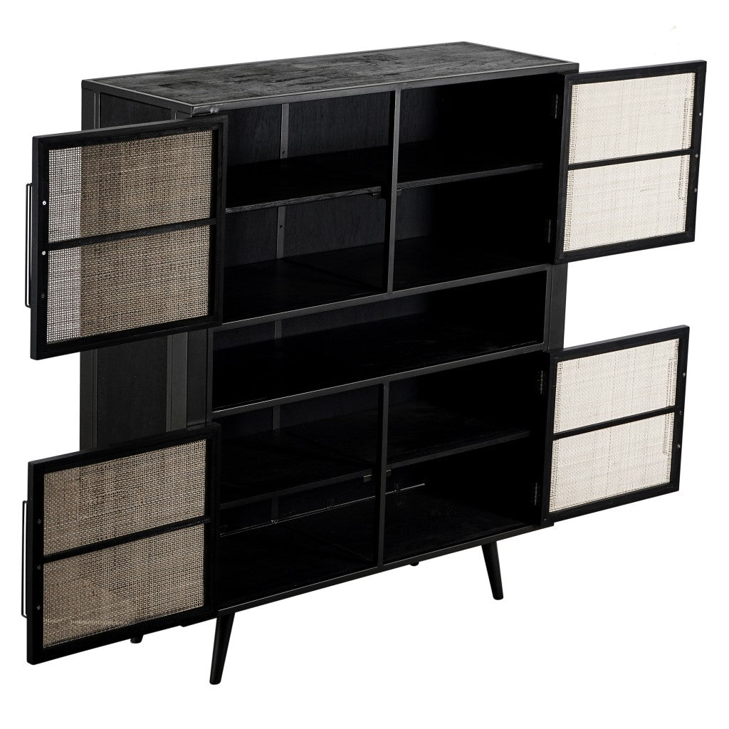 51" Black And Natural Wood And Rattan Accent Cabinet-Cabinets-DECOROLALA