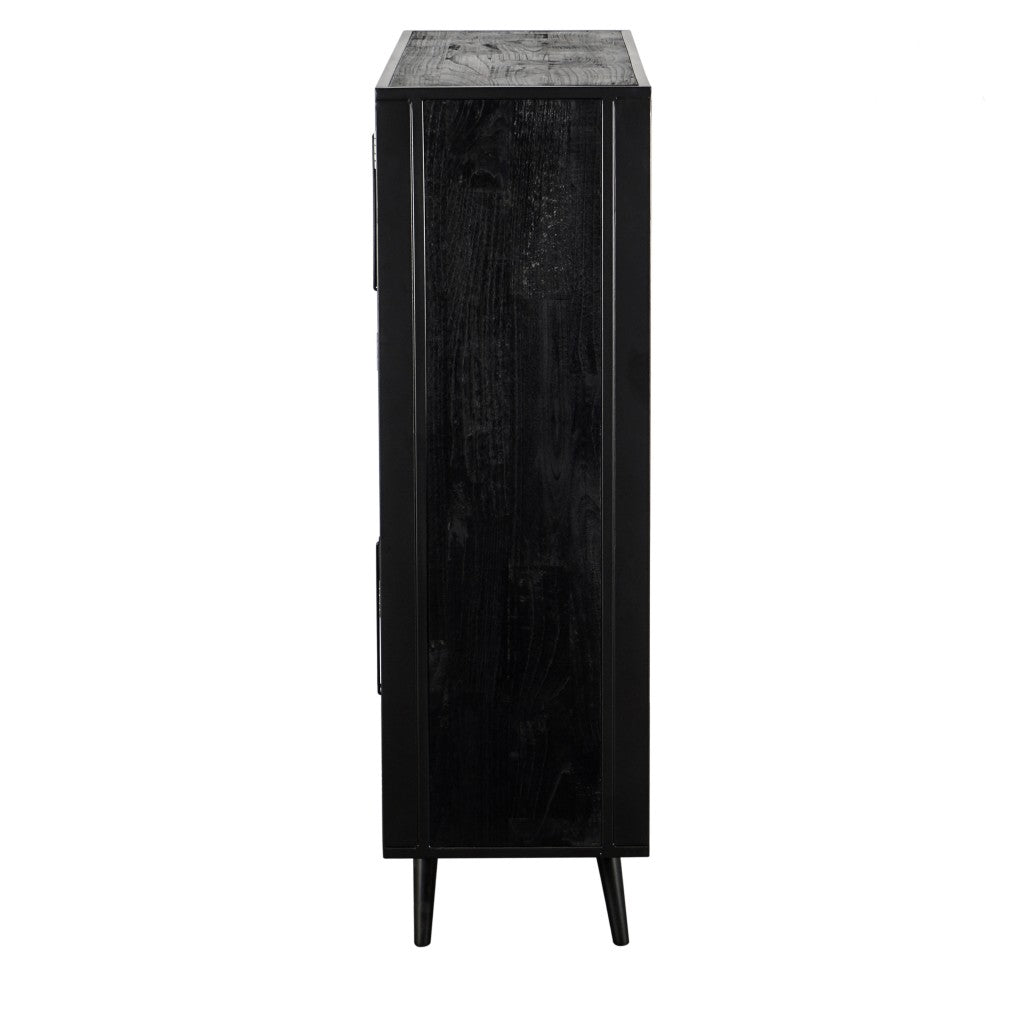 51" Black And Natural Wood And Rattan Accent Cabinet-Cabinets-DECOROLALA