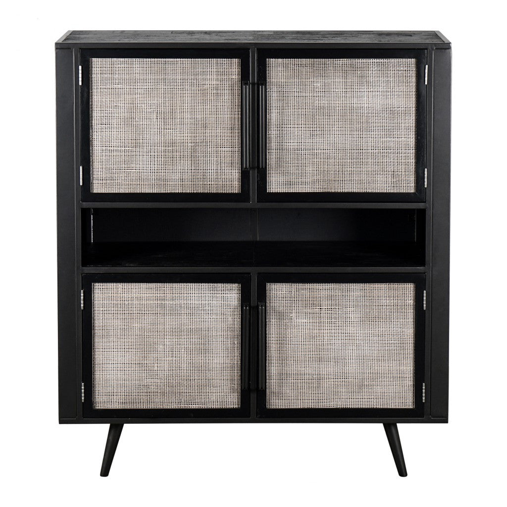 51" Black And Natural Wood And Rattan Accent Cabinet-Cabinets-DECOROLALA