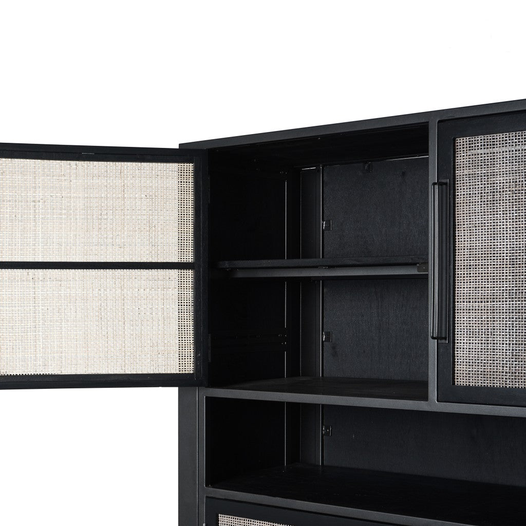 51" Black And Natural Wood And Rattan Accent Cabinet-Cabinets-DECOROLALA
