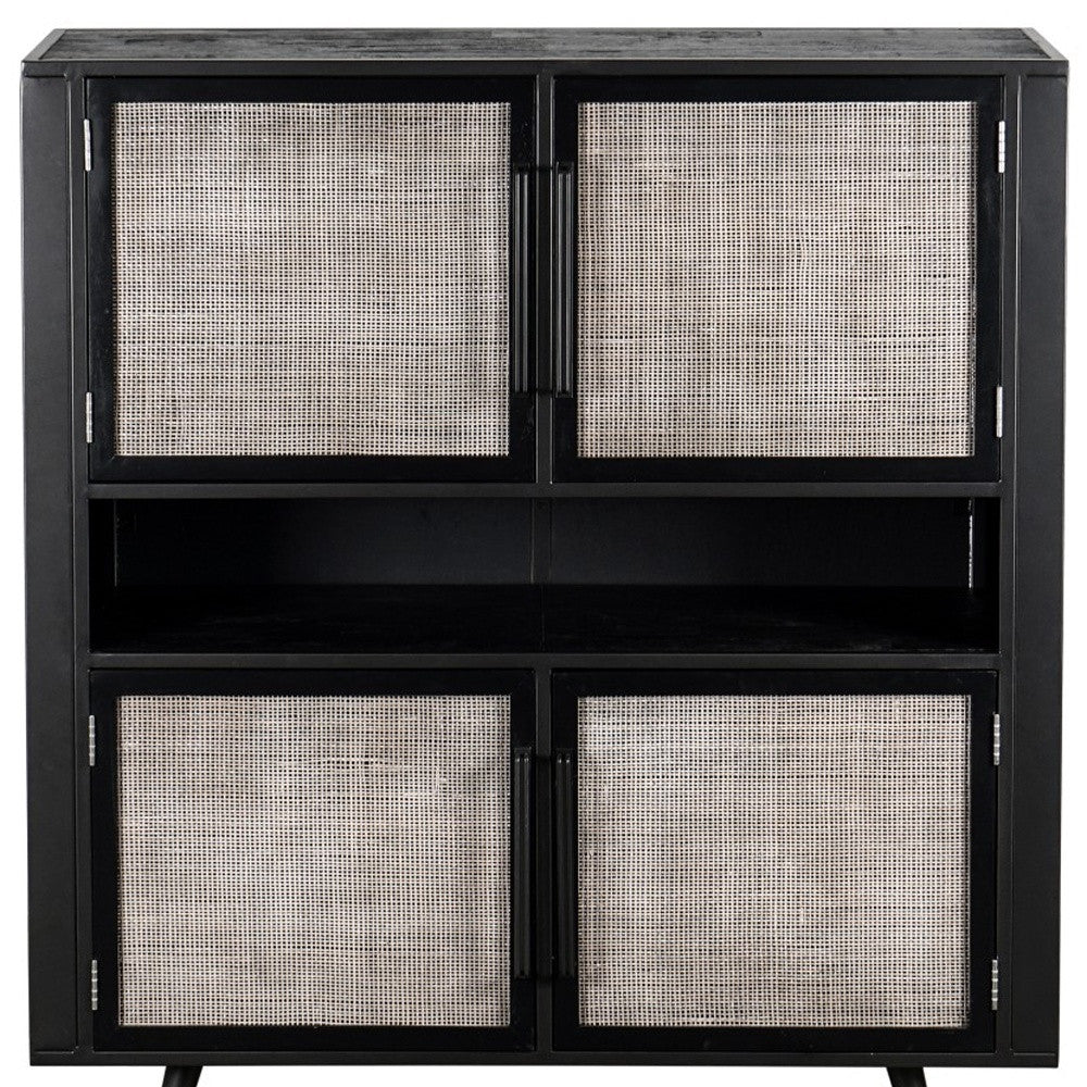 51" Black And Natural Wood And Rattan Accent Cabinet-Cabinets-DECOROLALA