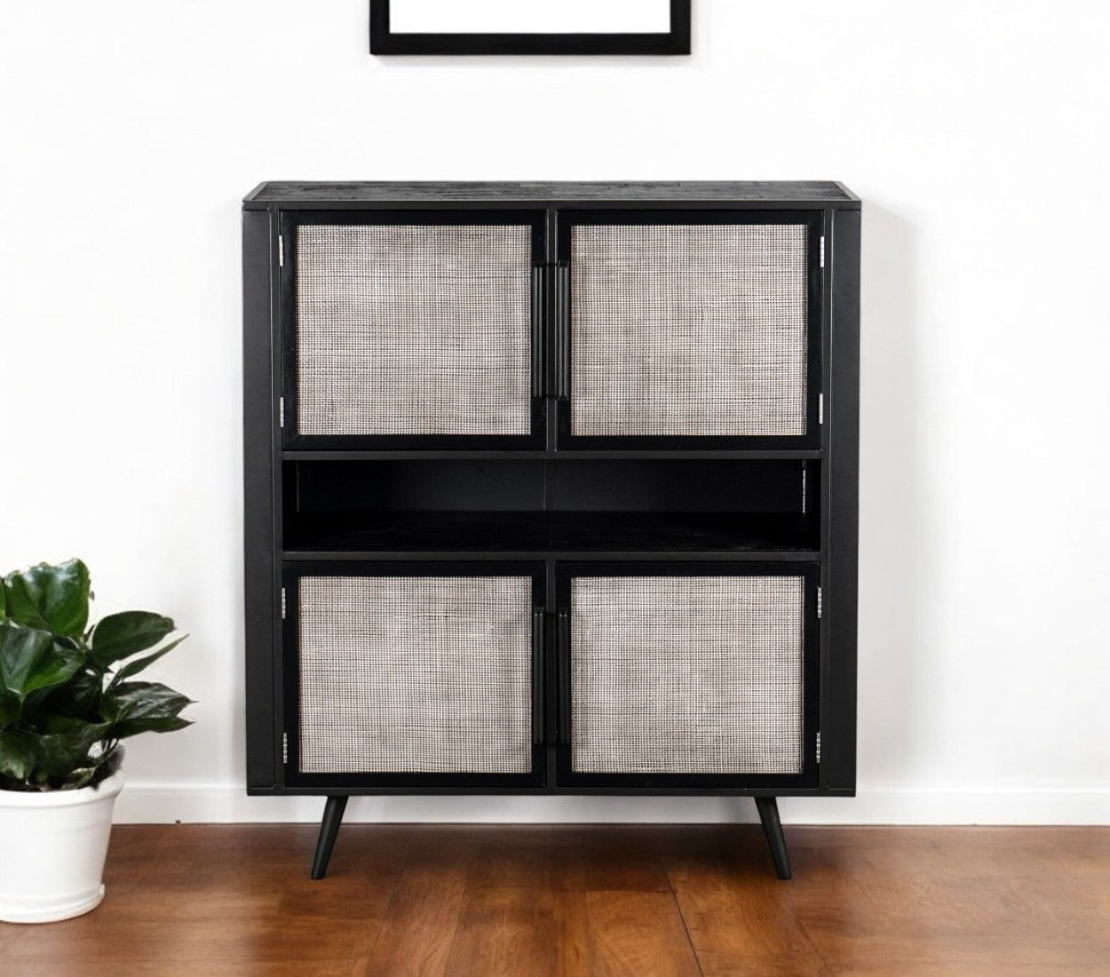 51" Black And Natural Wood And Rattan Accent Cabinet-Cabinets-DECOROLALA