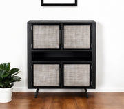 51" Black And Natural Wood And Rattan Accent Cabinet-Cabinets-DECOROLALA