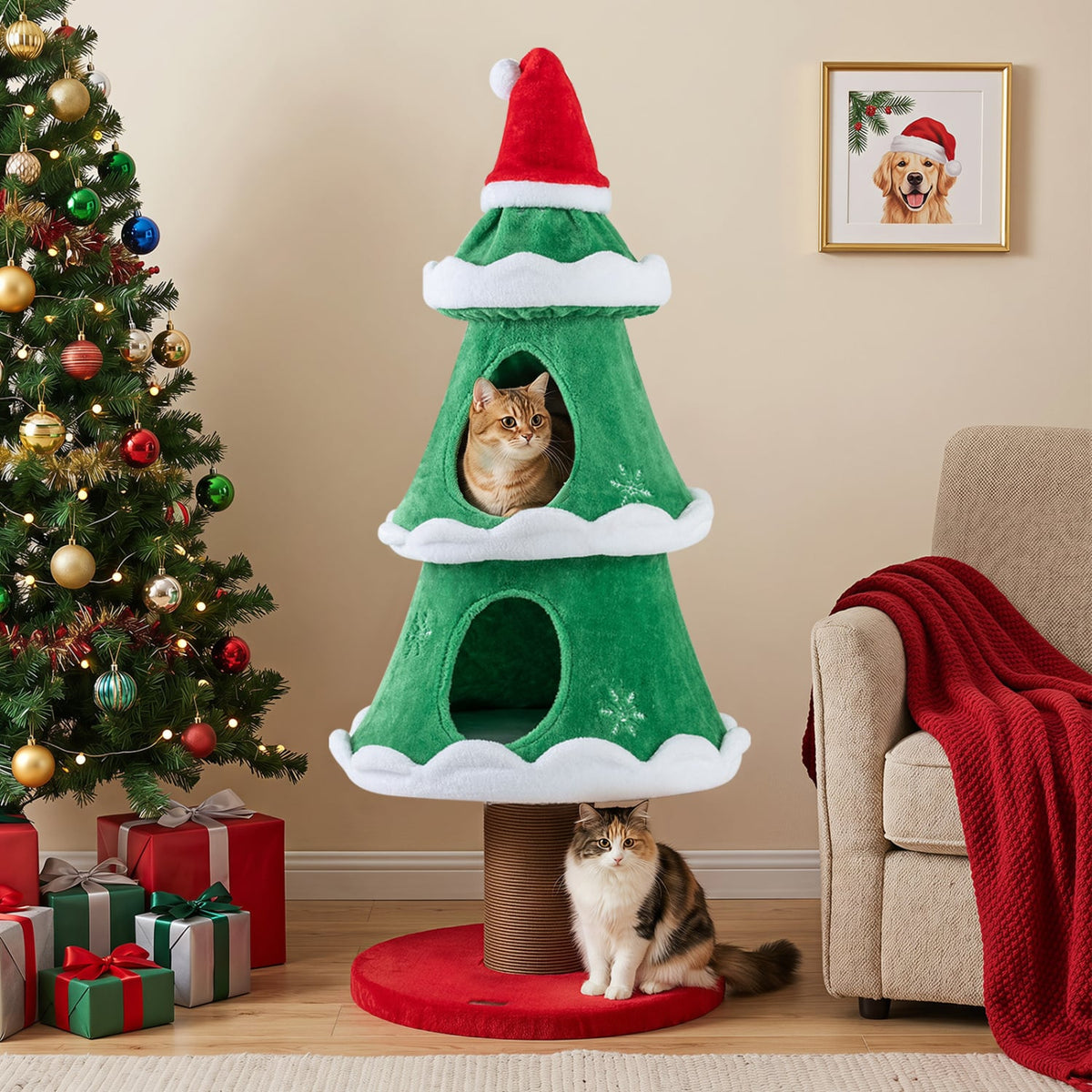 51" Christmas Cat Tree with 2 Cozy Condos and Scratching Post for Pets-Green-Cat Trees & Scratchers-DECOROLALA
