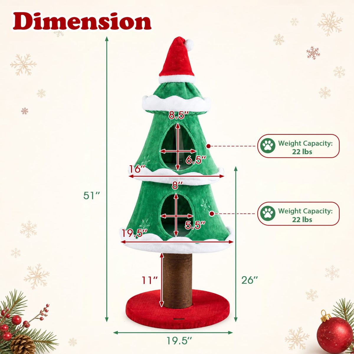 51" Christmas Cat Tree with 2 Cozy Condos and Scratching Post for Pets-Green-Cat Trees & Scratchers-DECOROLALA