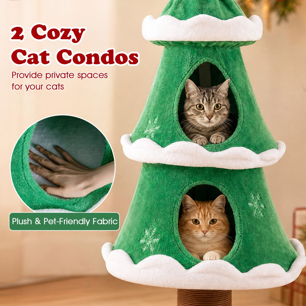 51" Christmas Cat Tree with 2 Cozy Condos and Scratching Post for Pets-Green-Cat Trees & Scratchers-DECOROLALA