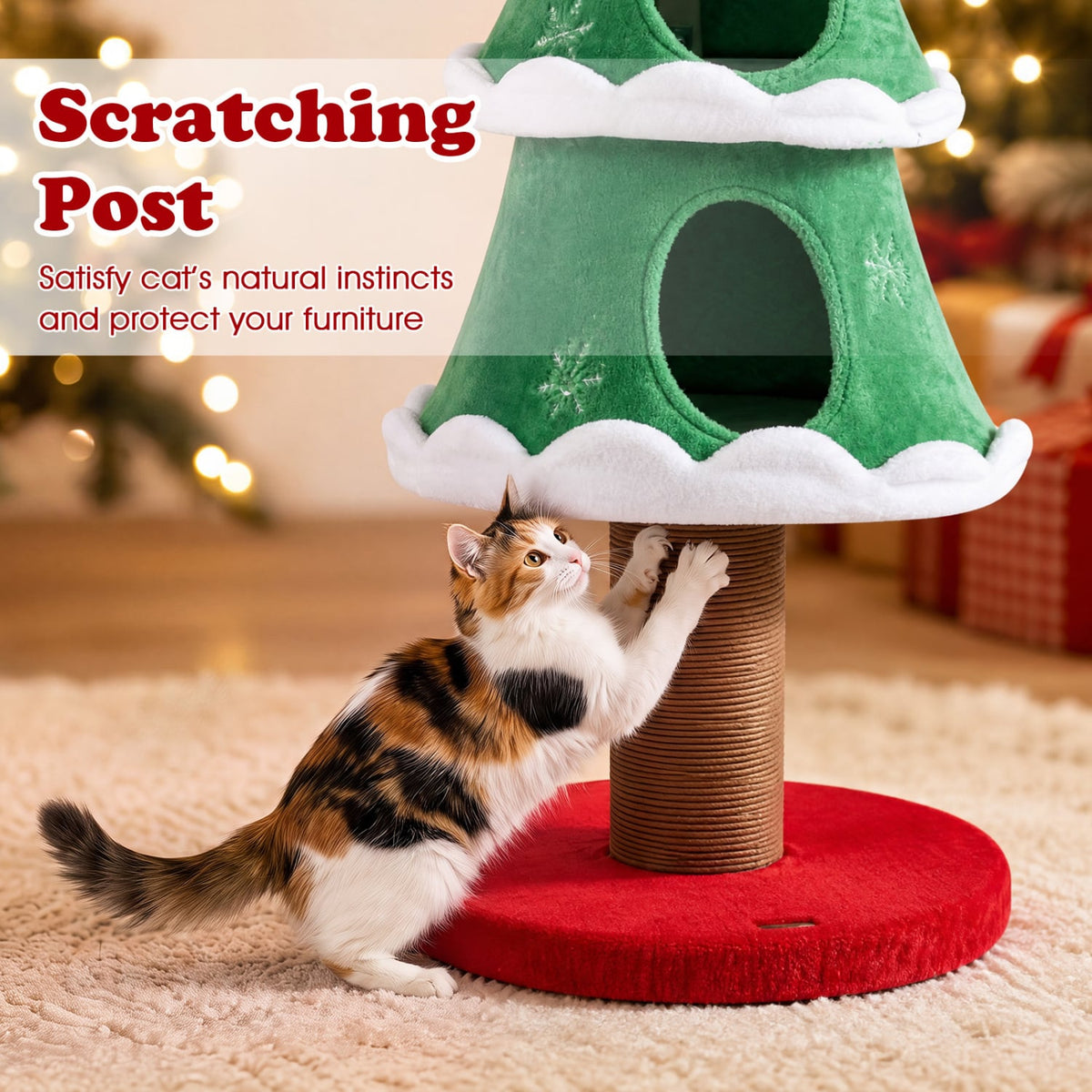 51" Christmas Cat Tree with 2 Cozy Condos and Scratching Post for Pets-Green-Cat Trees & Scratchers-DECOROLALA