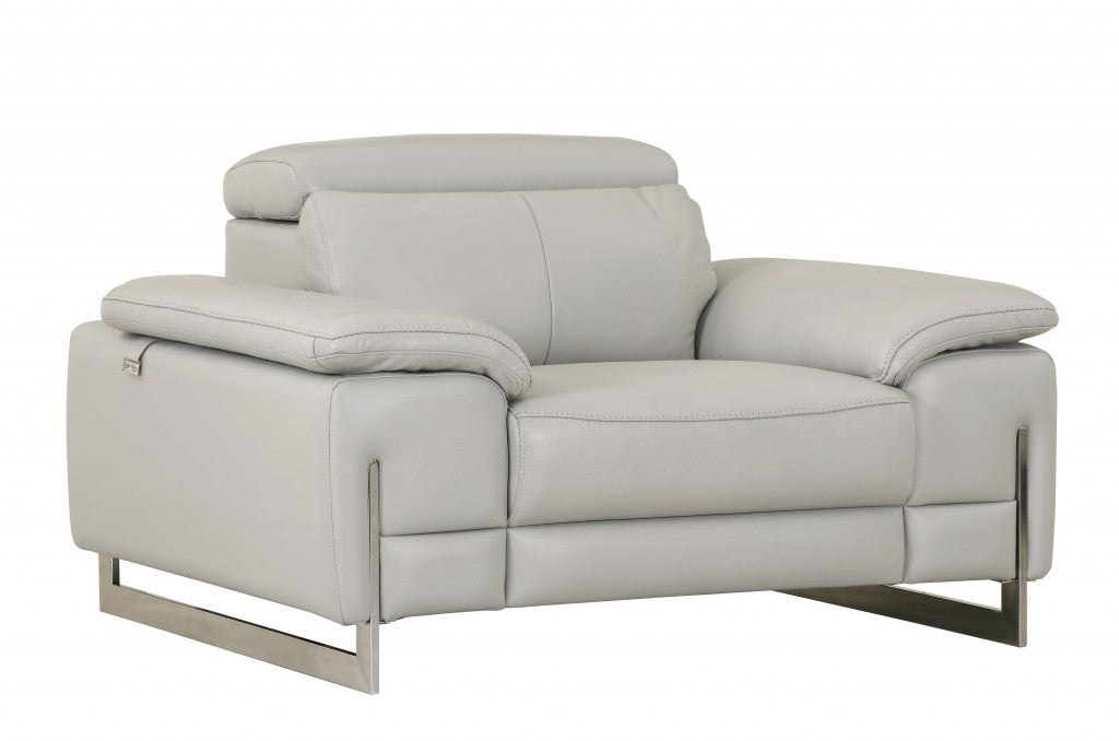 51" Gray And Silver Genuine Leather Chair and a Half-Accent Chairs-DECOROLALA